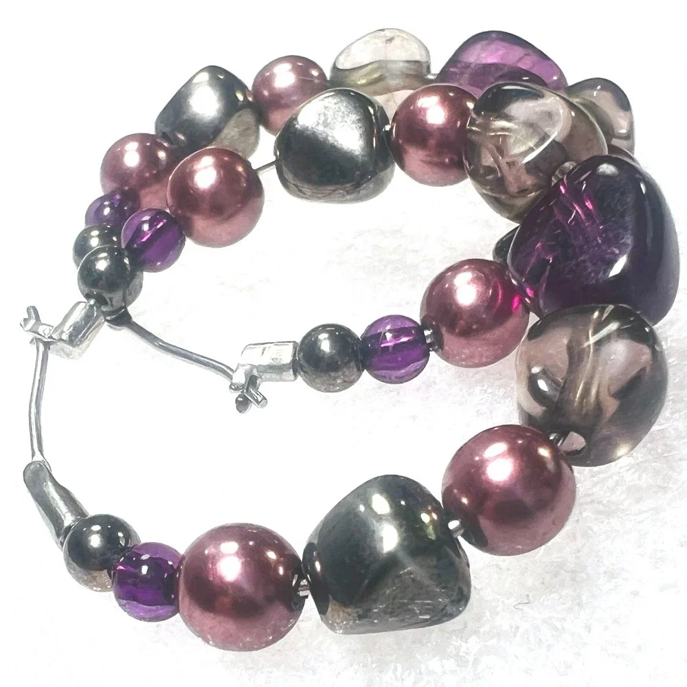 Artisan Beaded Hoop Earrings Latch Back‎ Pierced Multi Colored Silver Tone